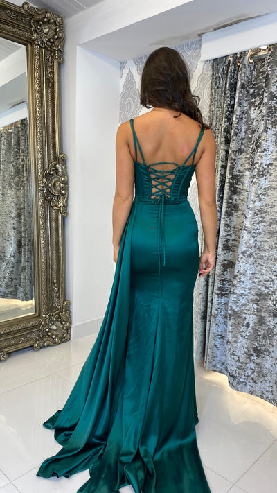 Green Satin Ruched Corset Full Length Gown