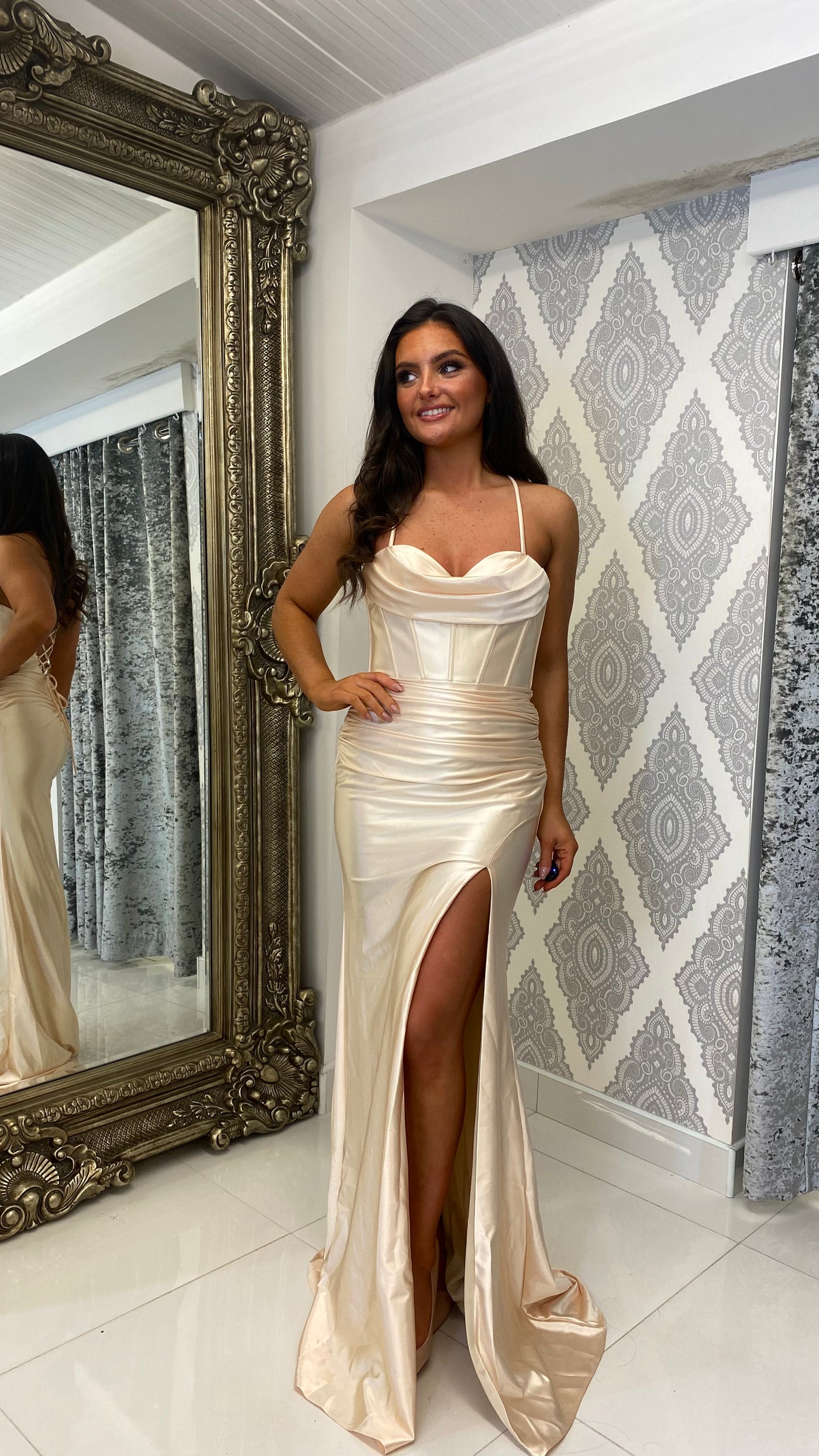 Champagne Satin Corset Style Full Length Gown