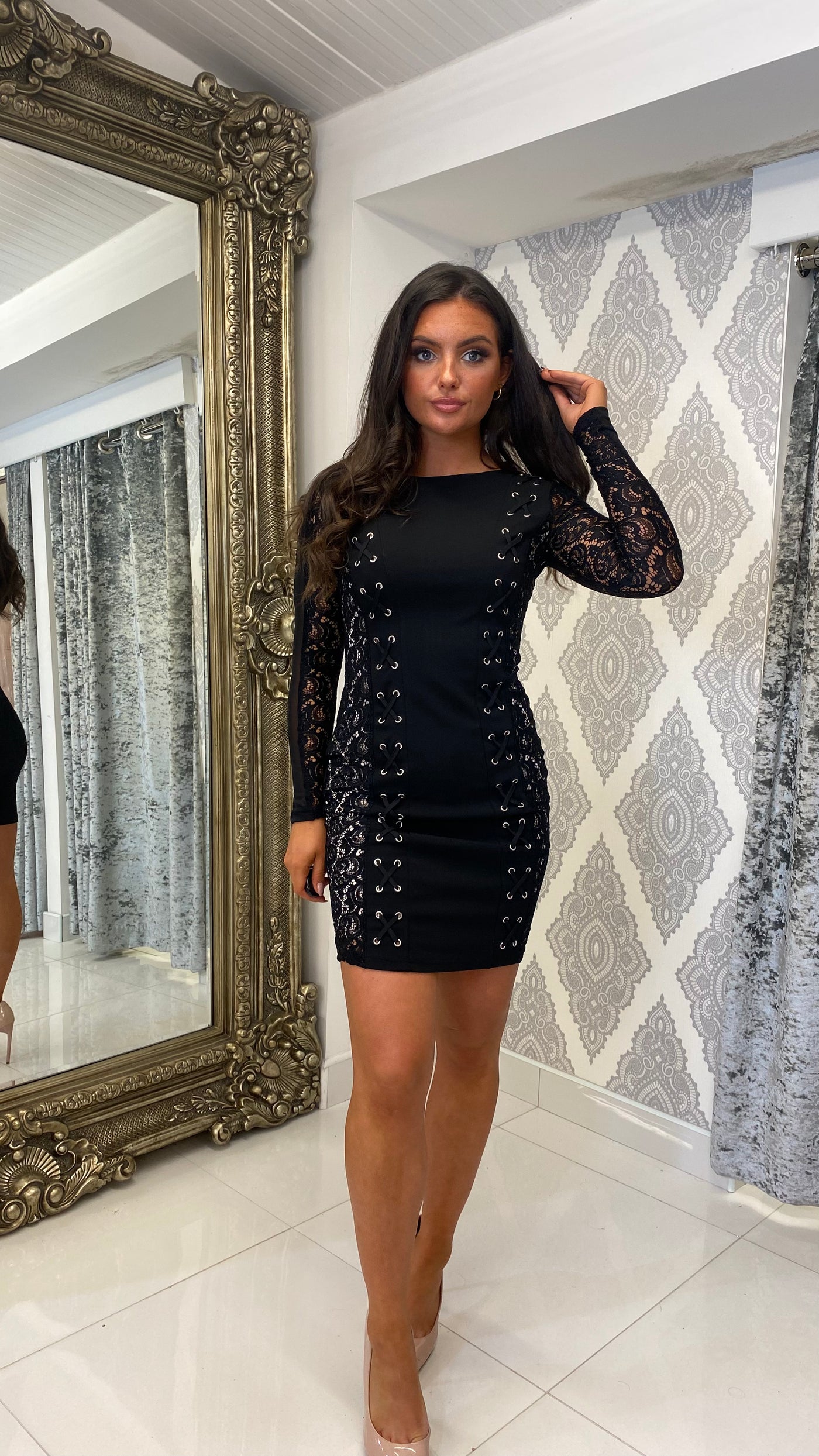 Black Long Sleeve Lace Detail Party Dress