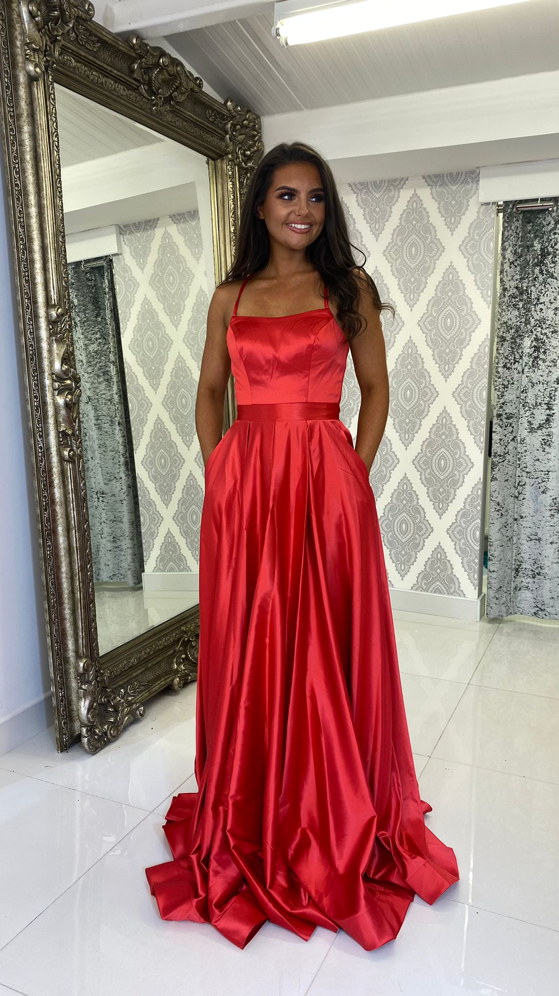 Red Satin Straight Neck Corset Ball Gown Rosies Closet