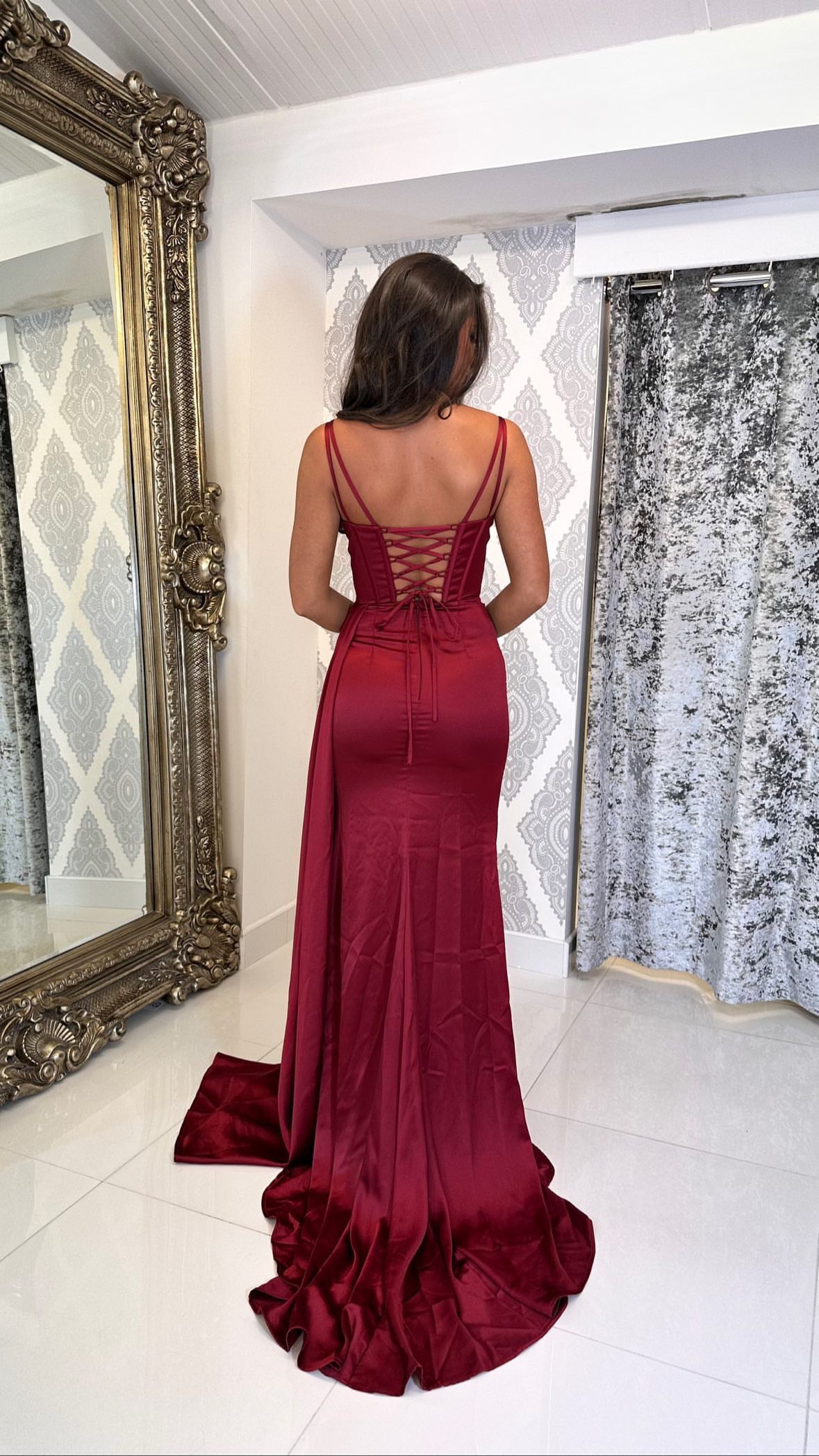 Dark Red Satin Ruched Corset Full Length Gown