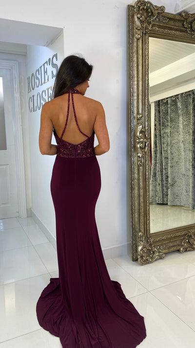 Plum Sequin Top Backless Full Length Gown