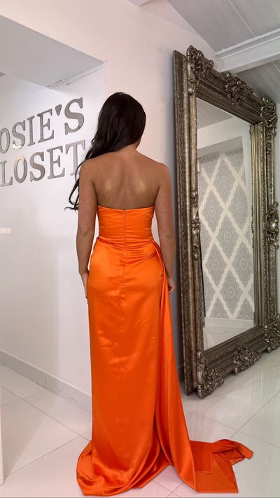 Orange Satin Ruched Strapless Full Length Gown
