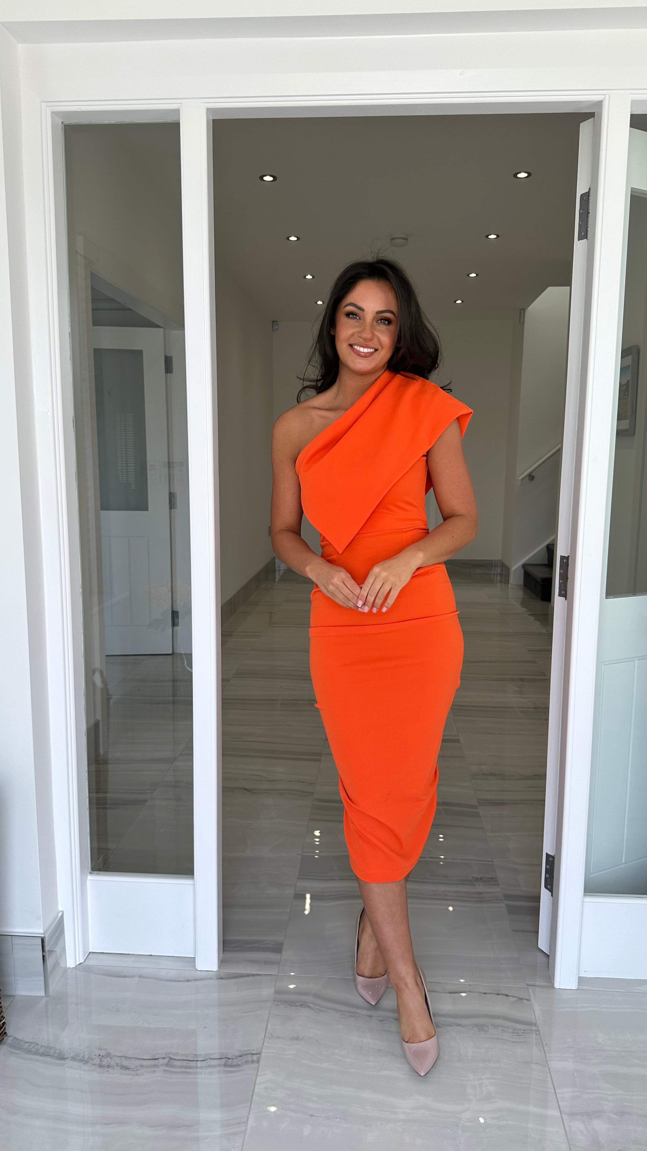 Miley Orange Midi Bodycon Ruched Dress – Rosies Closet