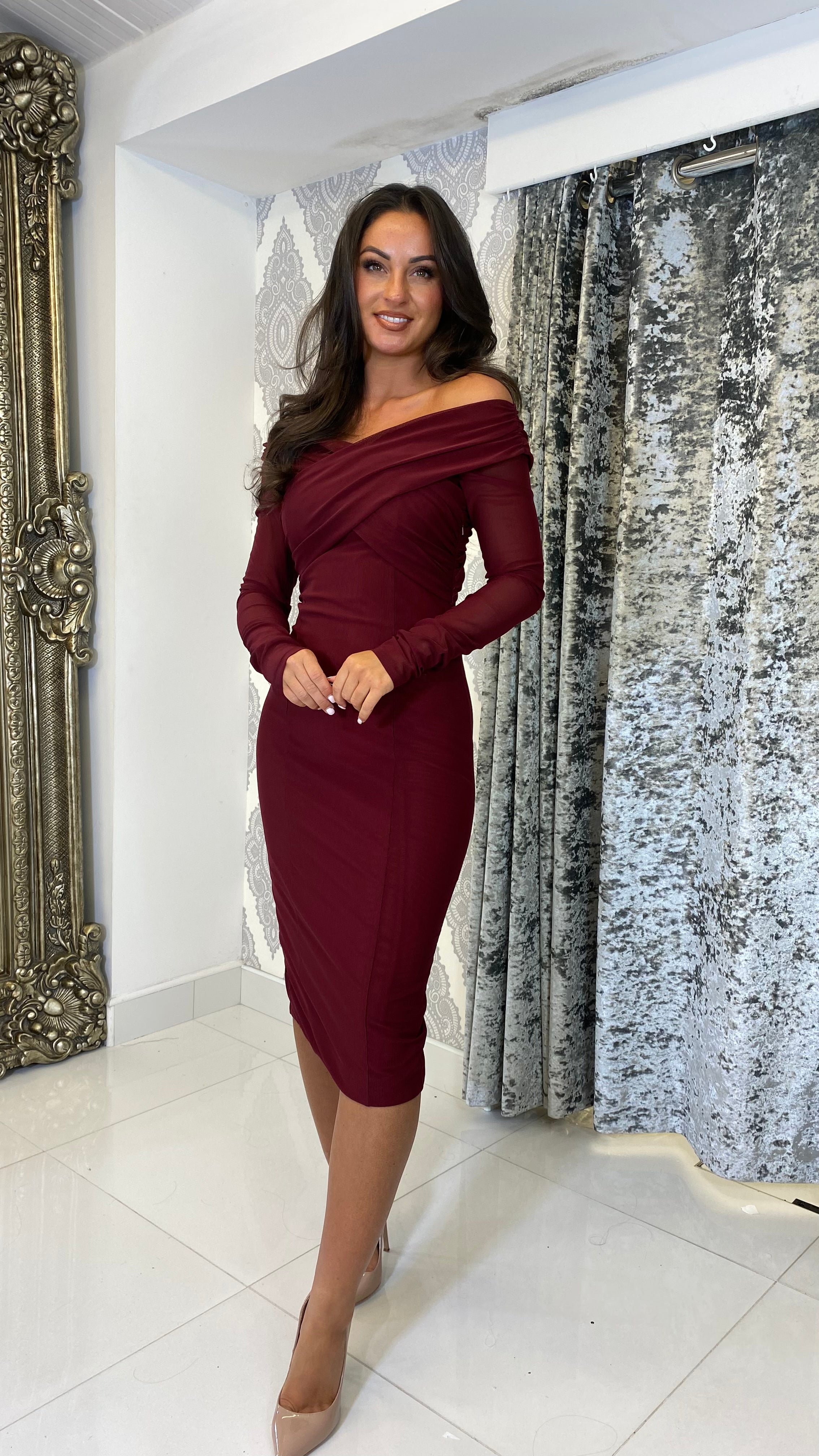 Burgundy Bardot Long Sleeve Mesh Midi Dress – Rosies Closet