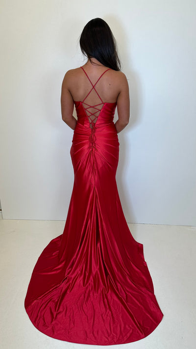 Red Ruched Satin Corset Full Length Gown