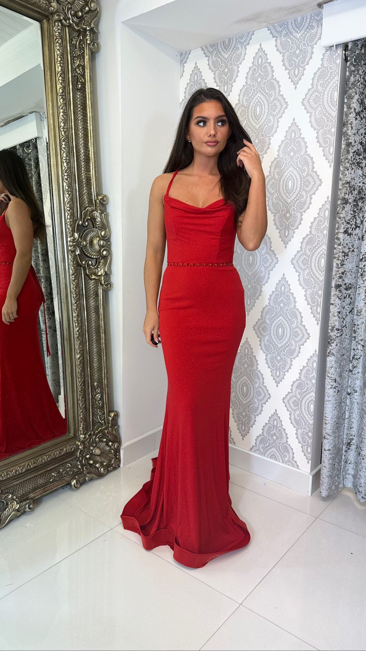 Red Ribbon Gown style Gown Full-Stitched Designer Gown