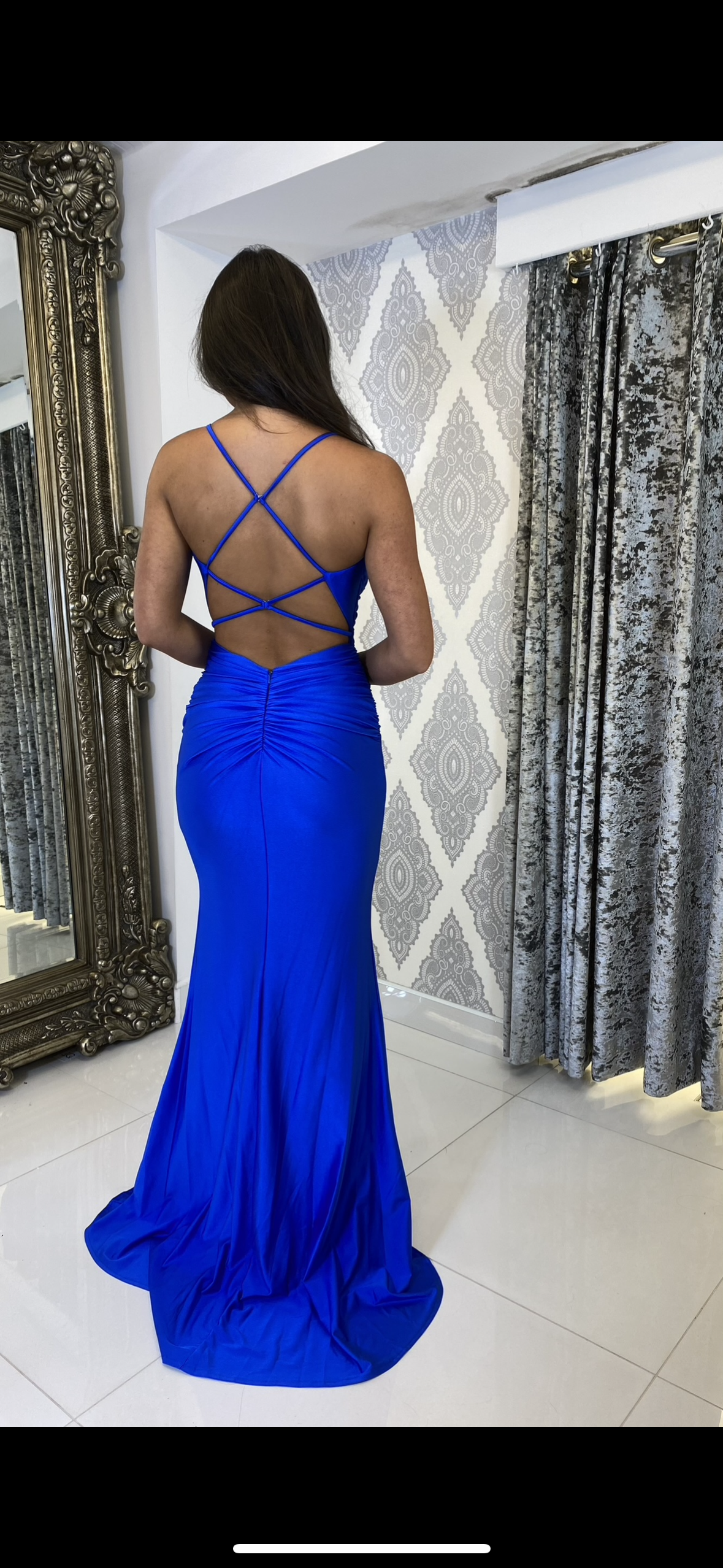 Blue Ruched Strappy Open Back Evening Gown