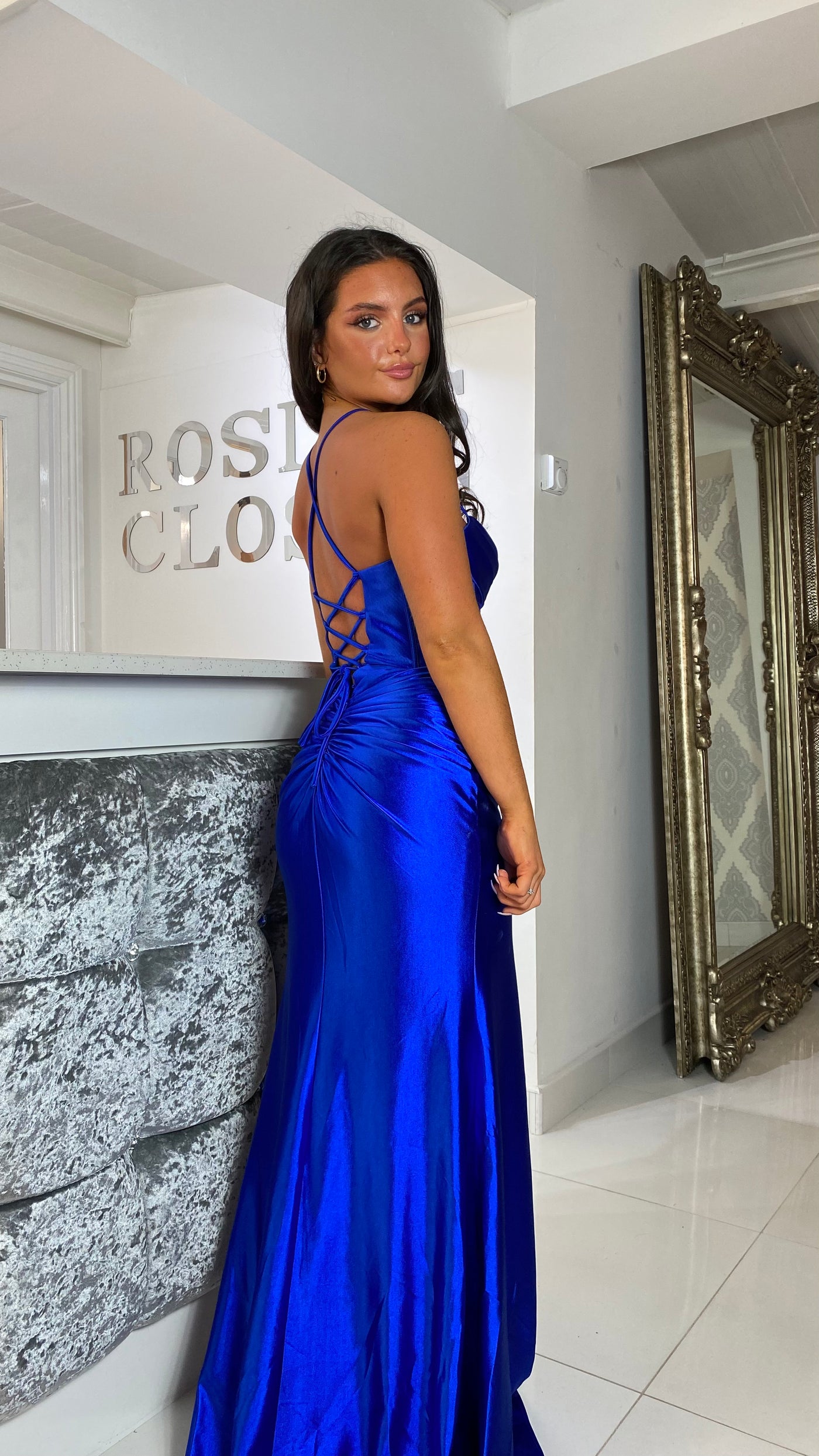 Cobalt Blue Satin Corset Style Full Length Gown