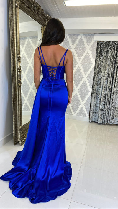 Royal Blue Satin Ruched Corset Full Length Gown