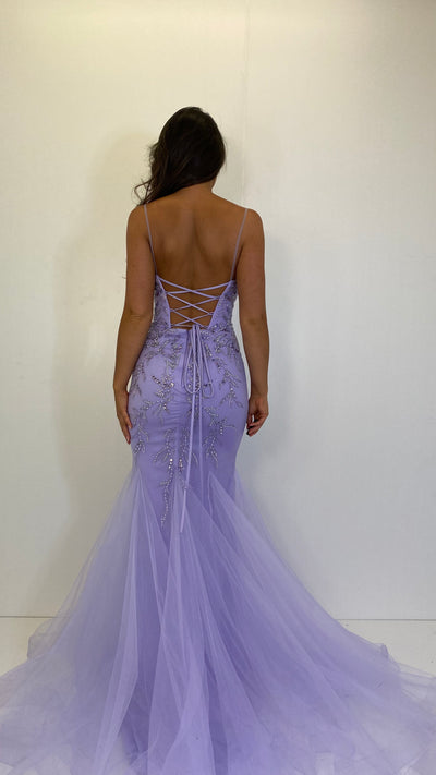 Lilac Skinny Strap Jewell Corset Fishtail Prom Dress