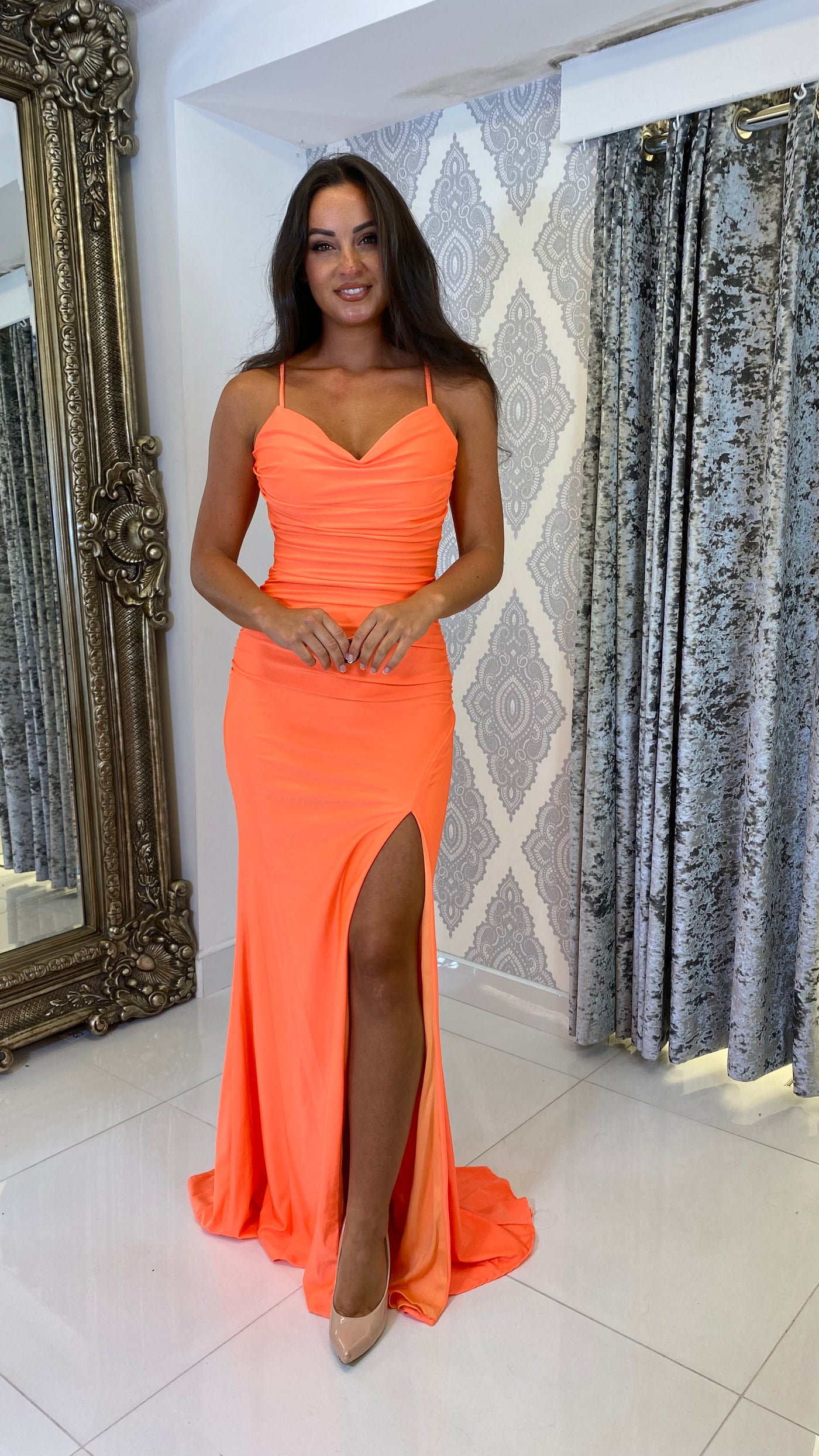 Bright Orange Ruched Strappy Open Back Evening Gown