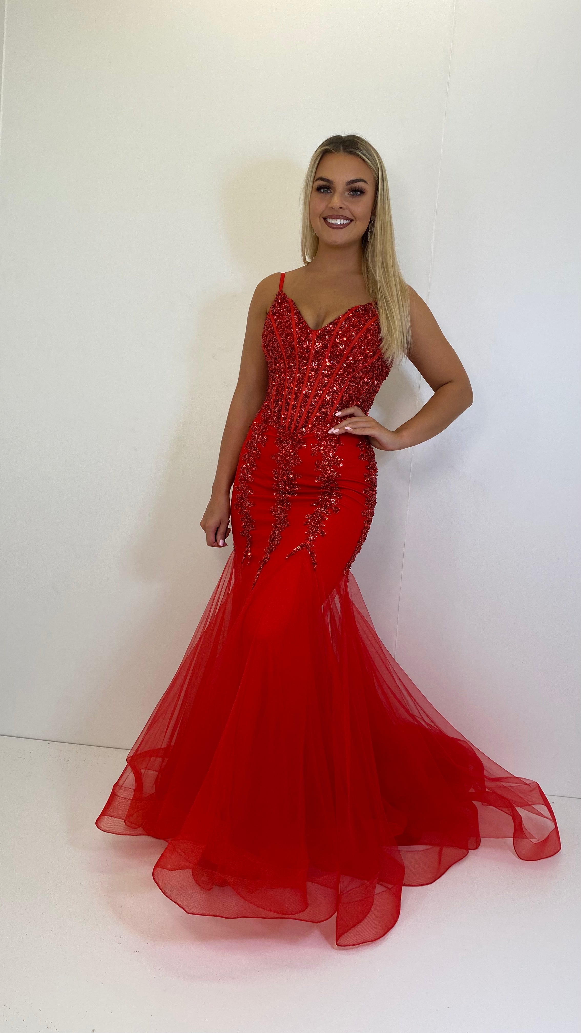 Red Jewell Corset Fishtail Prom Dress – Rosies Closet