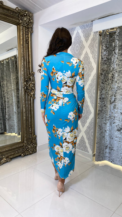 Blue With Gold Floral Midi Ruched Dress