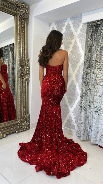 Red Sequin Corset Strapless Evening Gown