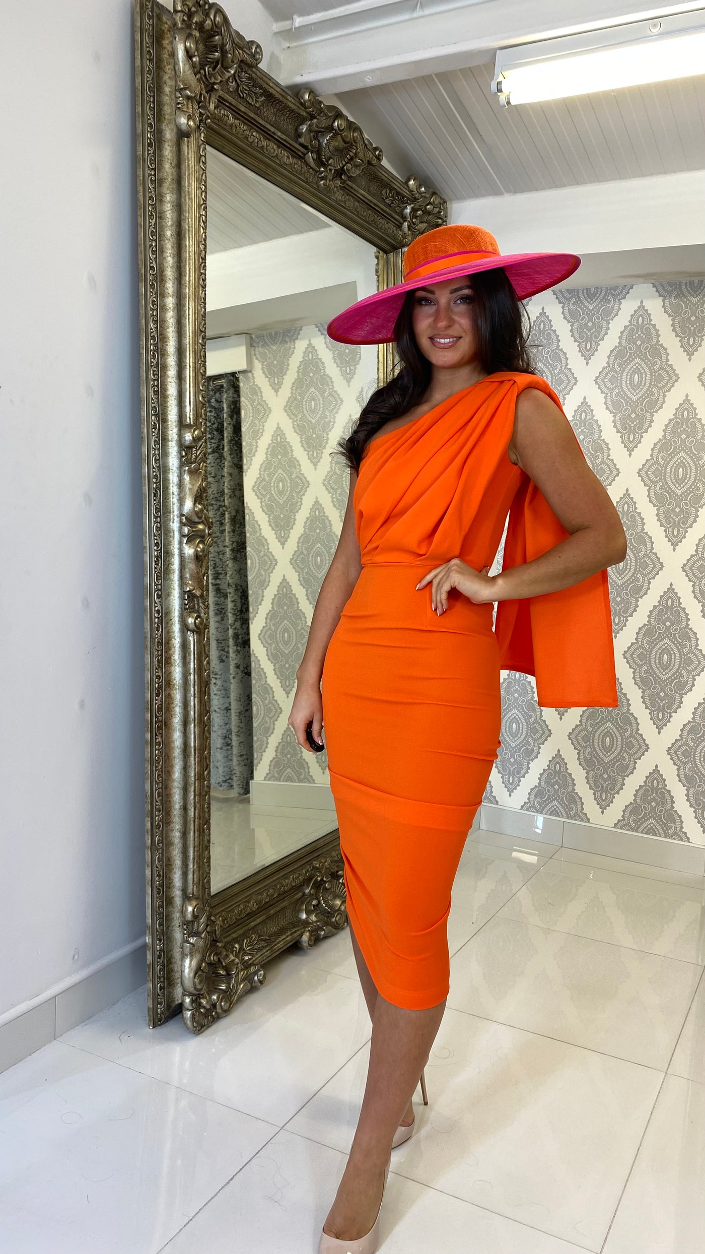 Orange Drape One Shoulder Dress