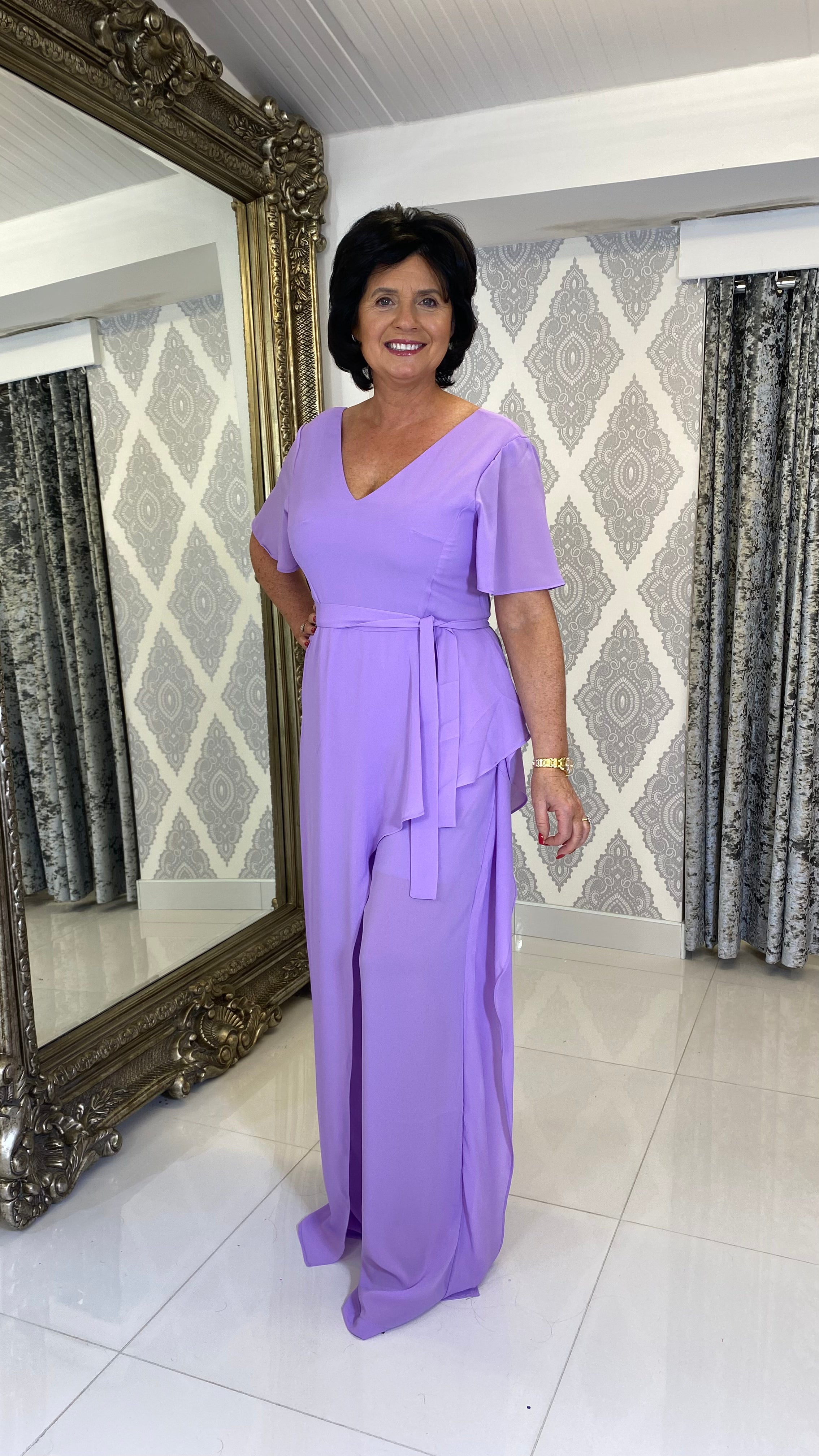 Illusion Neckline 3/4-Length Sleeve Jumpsuit Lilac