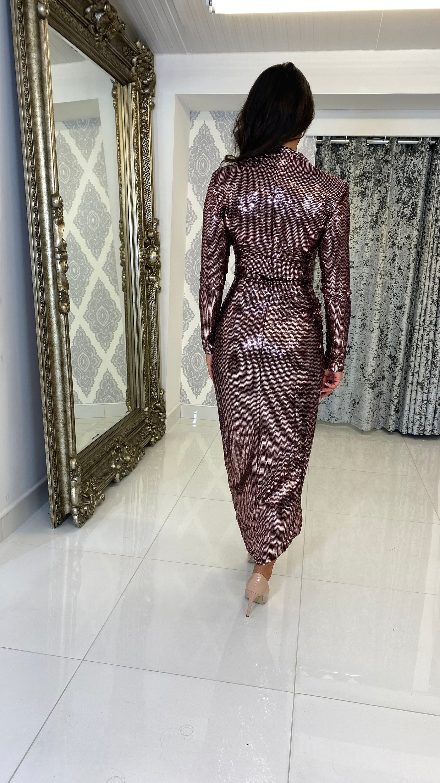 Metallic Copper Sequin Long Sleeves Midi Wrap Dress