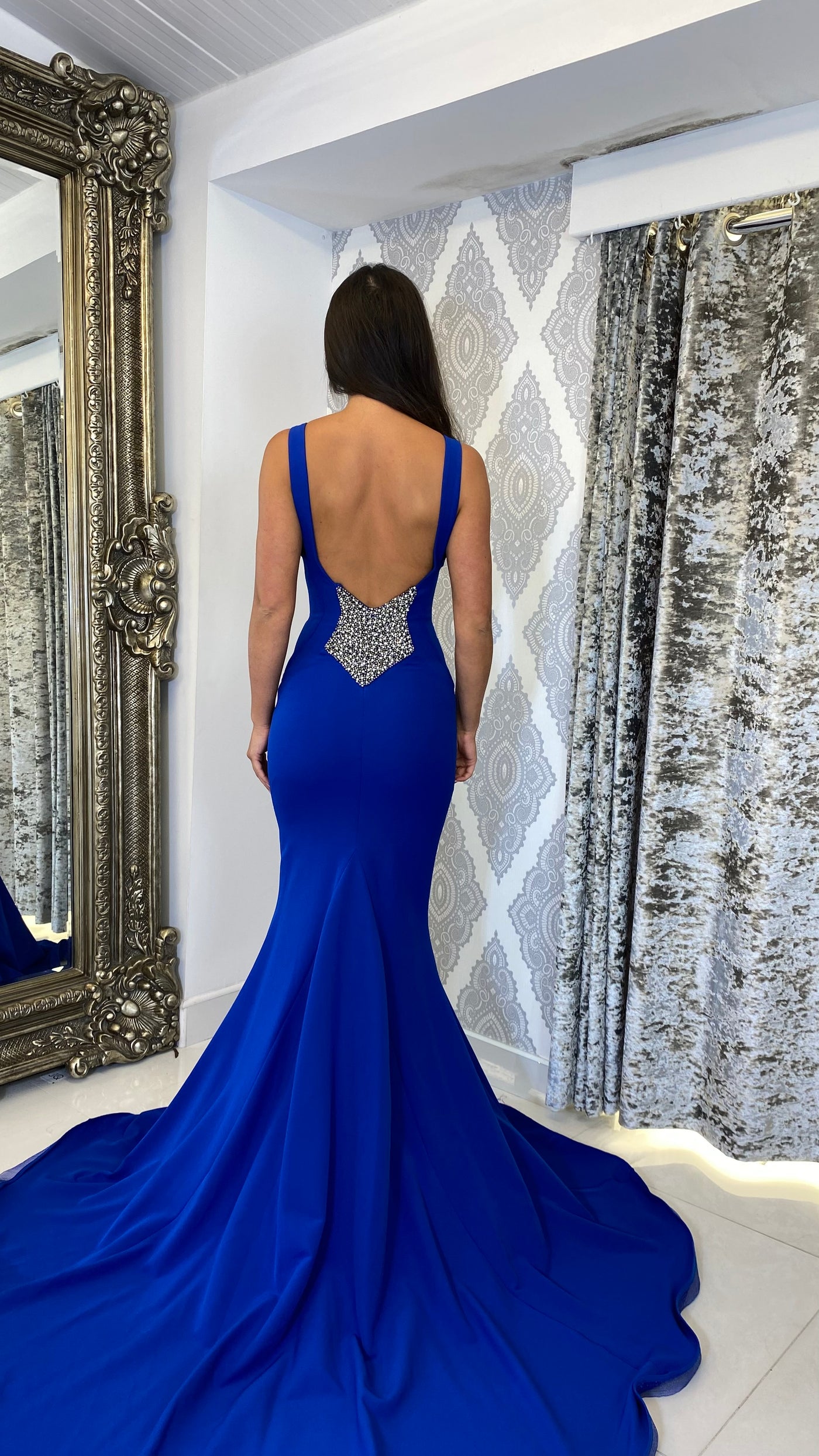 Cobalt Blue High Neck Backless Evening Gown