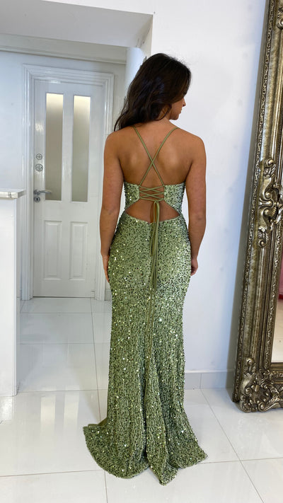 Olive Green V-Neck Sequin Corset Full Length Gown
