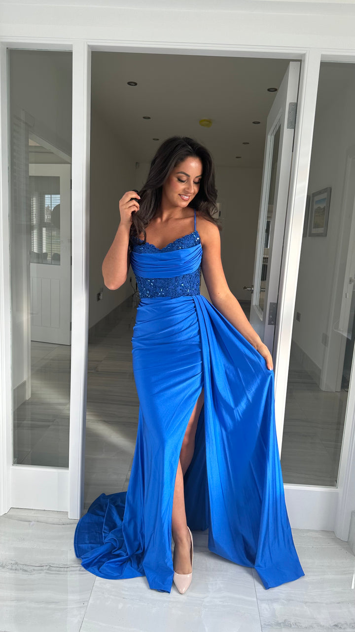 cobalt blue dress uk Full Length Tie Back Gown – Rosies Closet TRUMPET-SILHOUETTE The top is ruched Color:Very Black Dancing Queen 3414 -