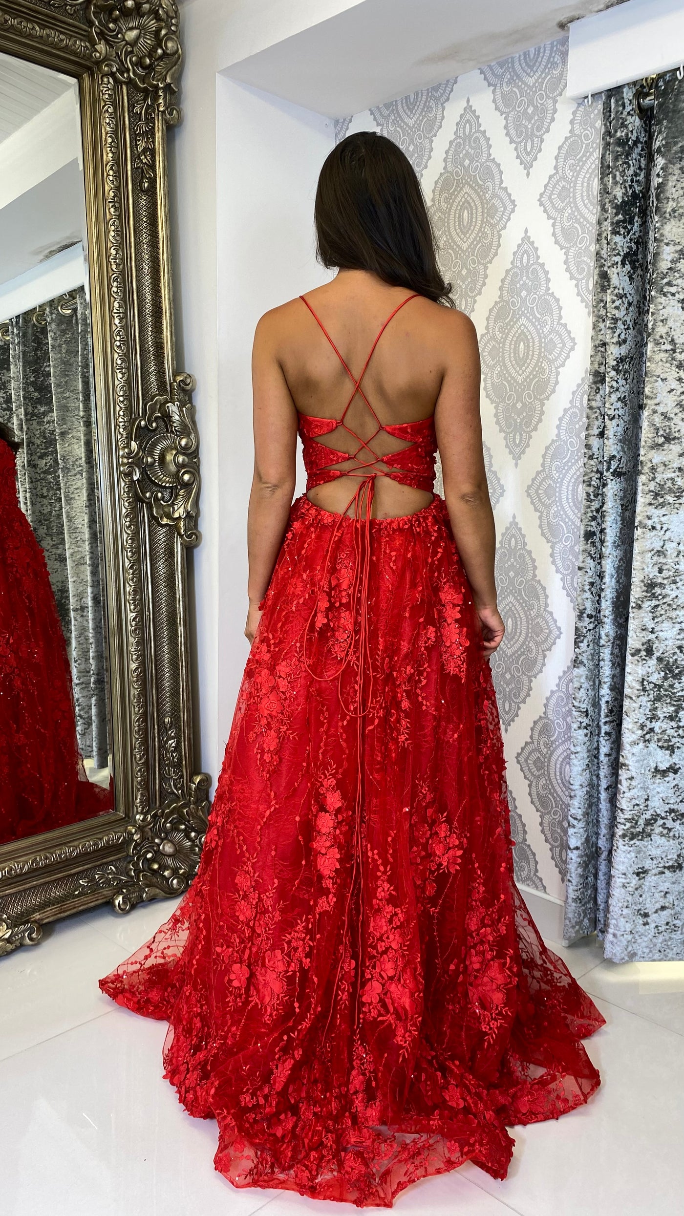 Red Floral Style Ball Gown