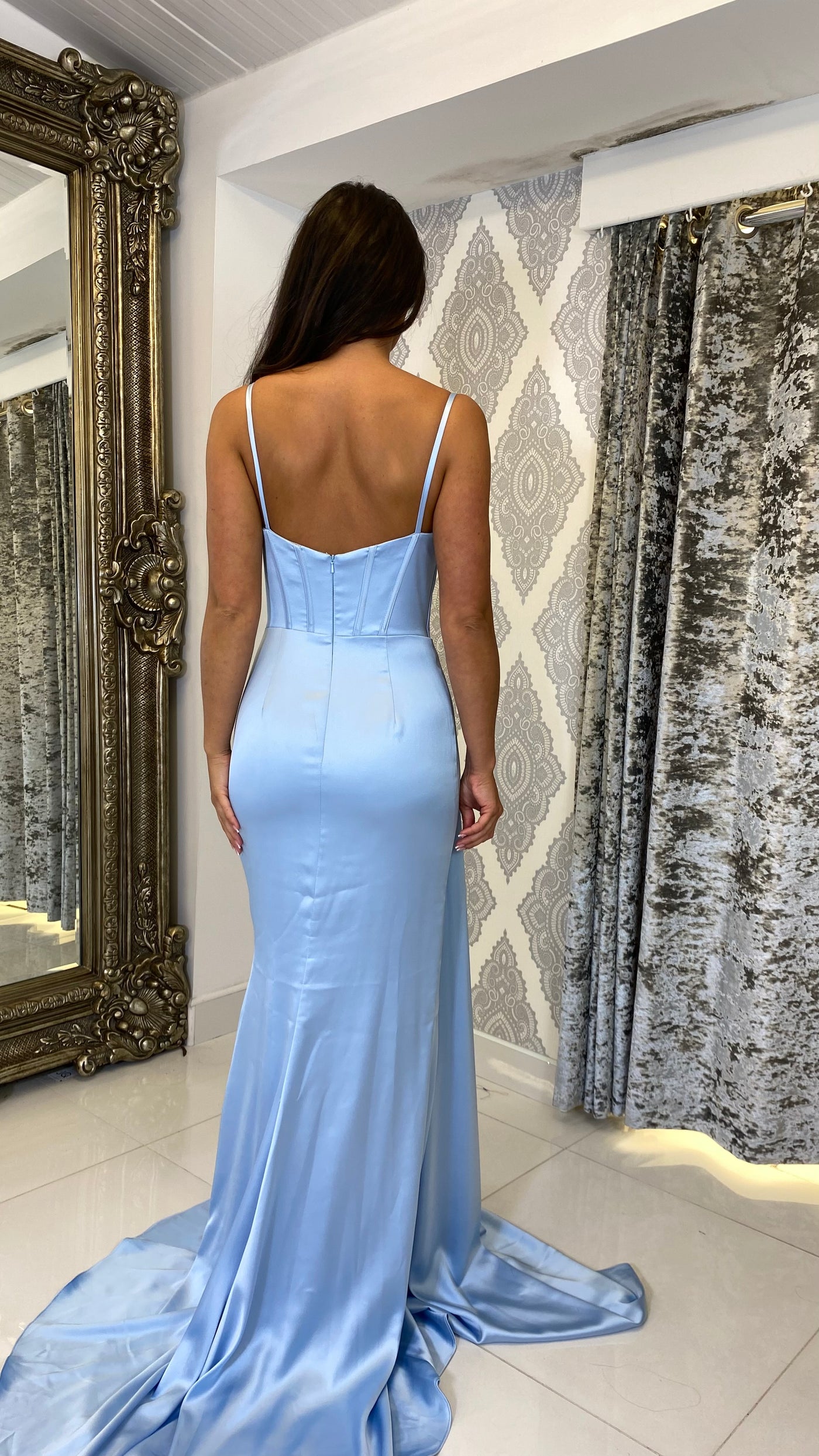 Baby Blue Sequin Cup Satin Full Length Gown