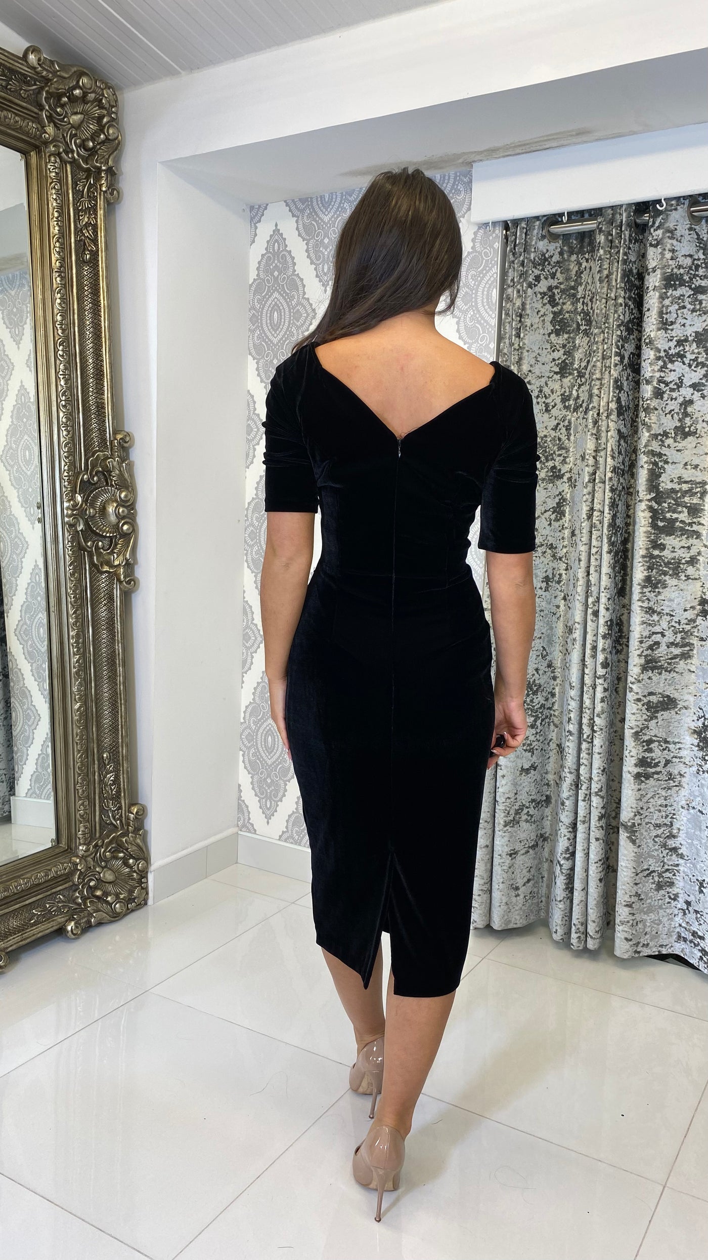 Black Velvet Ruched Sleeve Midi Dress