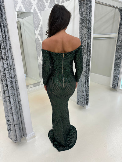 Bardot Style Full Sequin Detailed Maxi Evening Dress In Emerald Green