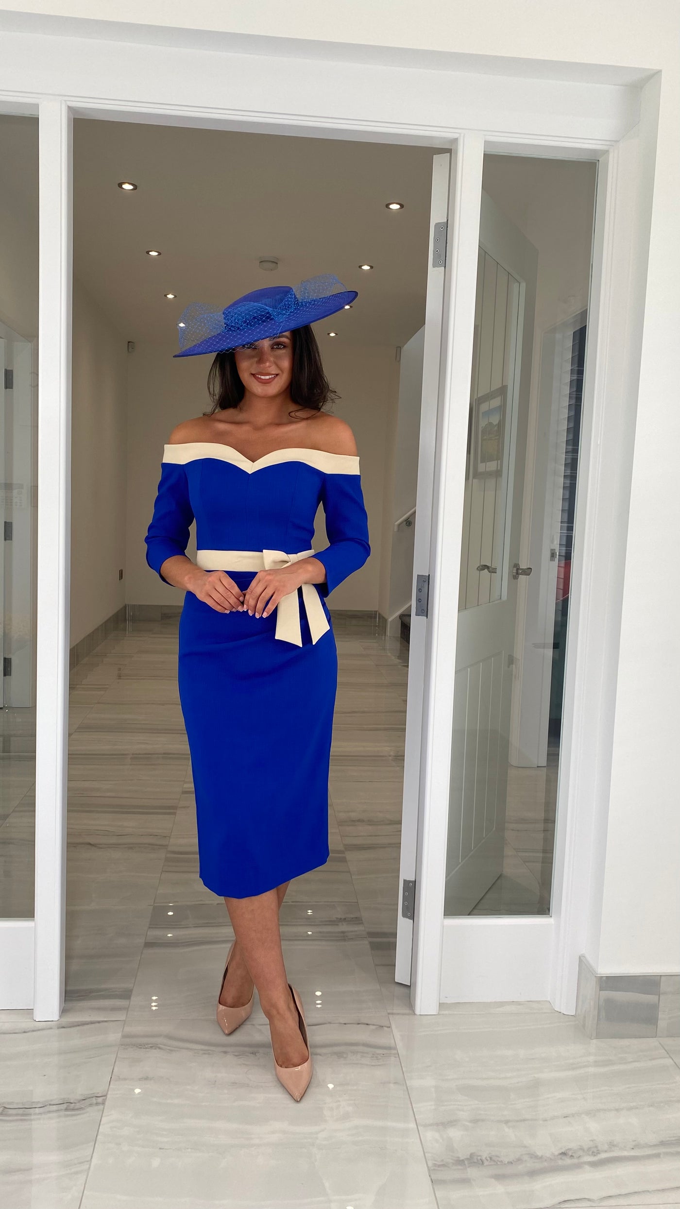 Royal Blue Bardot with Beige Trim and Bow Front Midi Dress