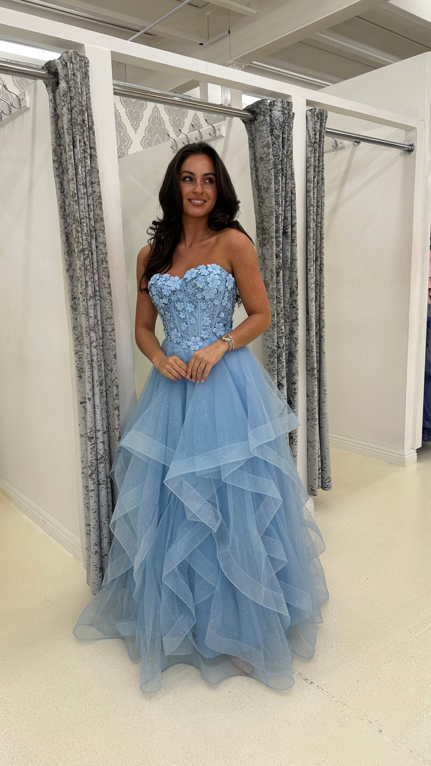 Baby Blue Flower Embroidery Corset Tiered Skirt Ball Gown
