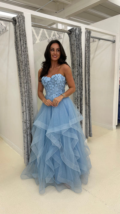 Baby Blue Flower Embroidery Corset Tiered Skirt Ball Gown