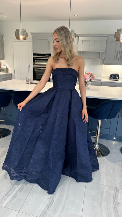 Navy Lace Strapless Ball Gown