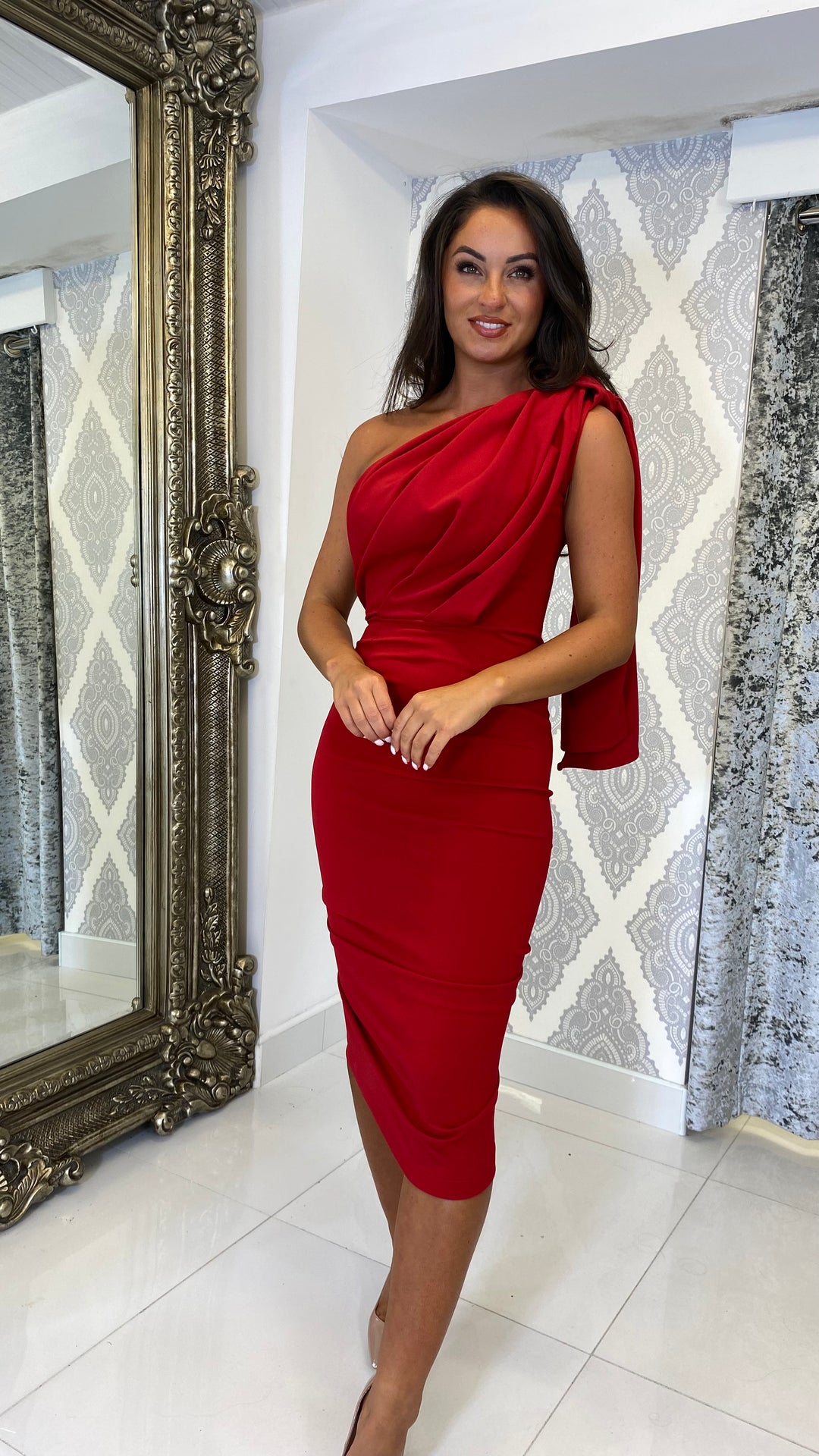 Red Drape One Shoulder Wedding Guest Dress – Rosies Closet