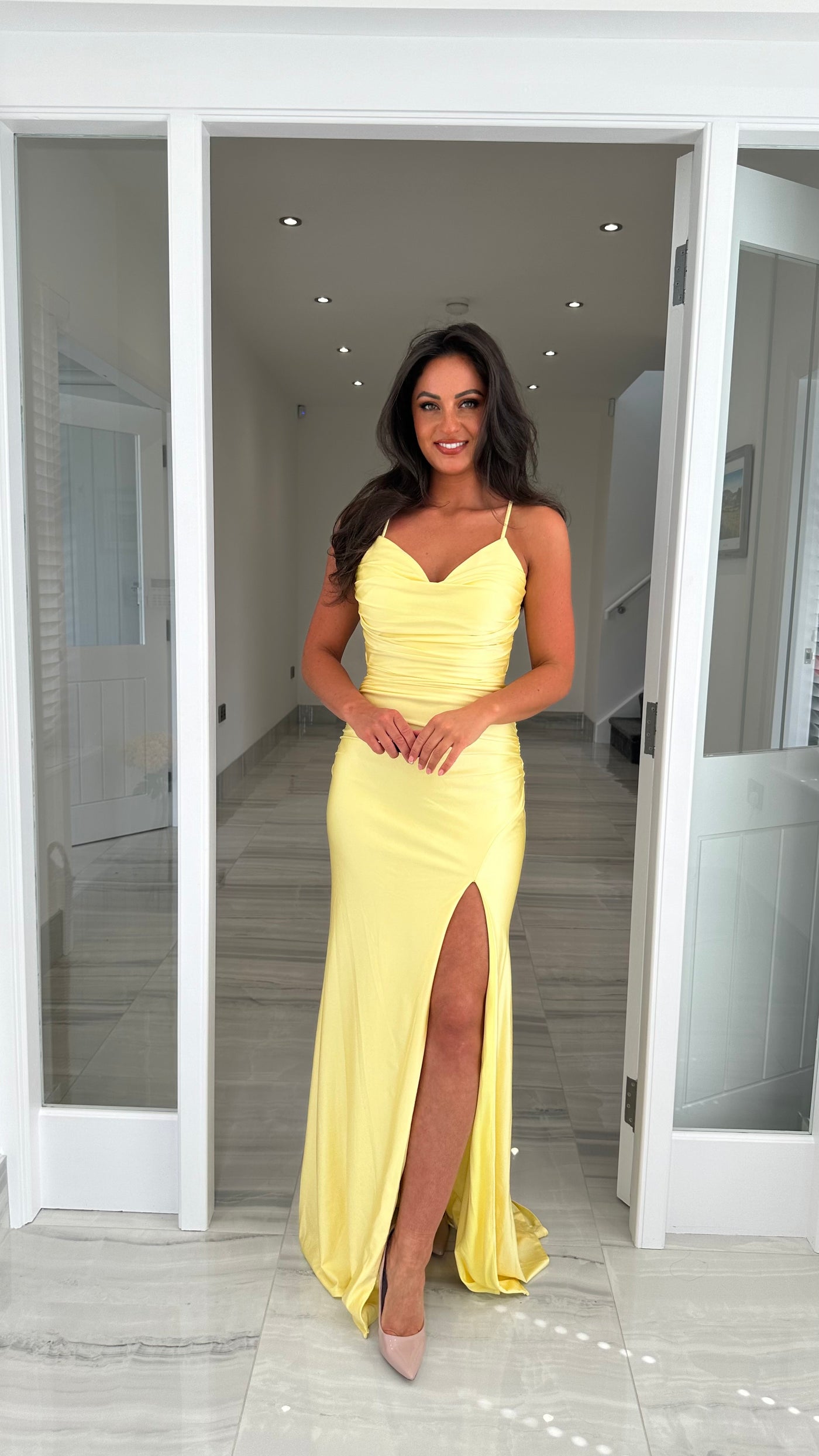 Lemon Ruched Strappy Open Back Evening Gown Rosies Closet Lemon Ruched Strappy Open Back Evening Gown Rosies Closet