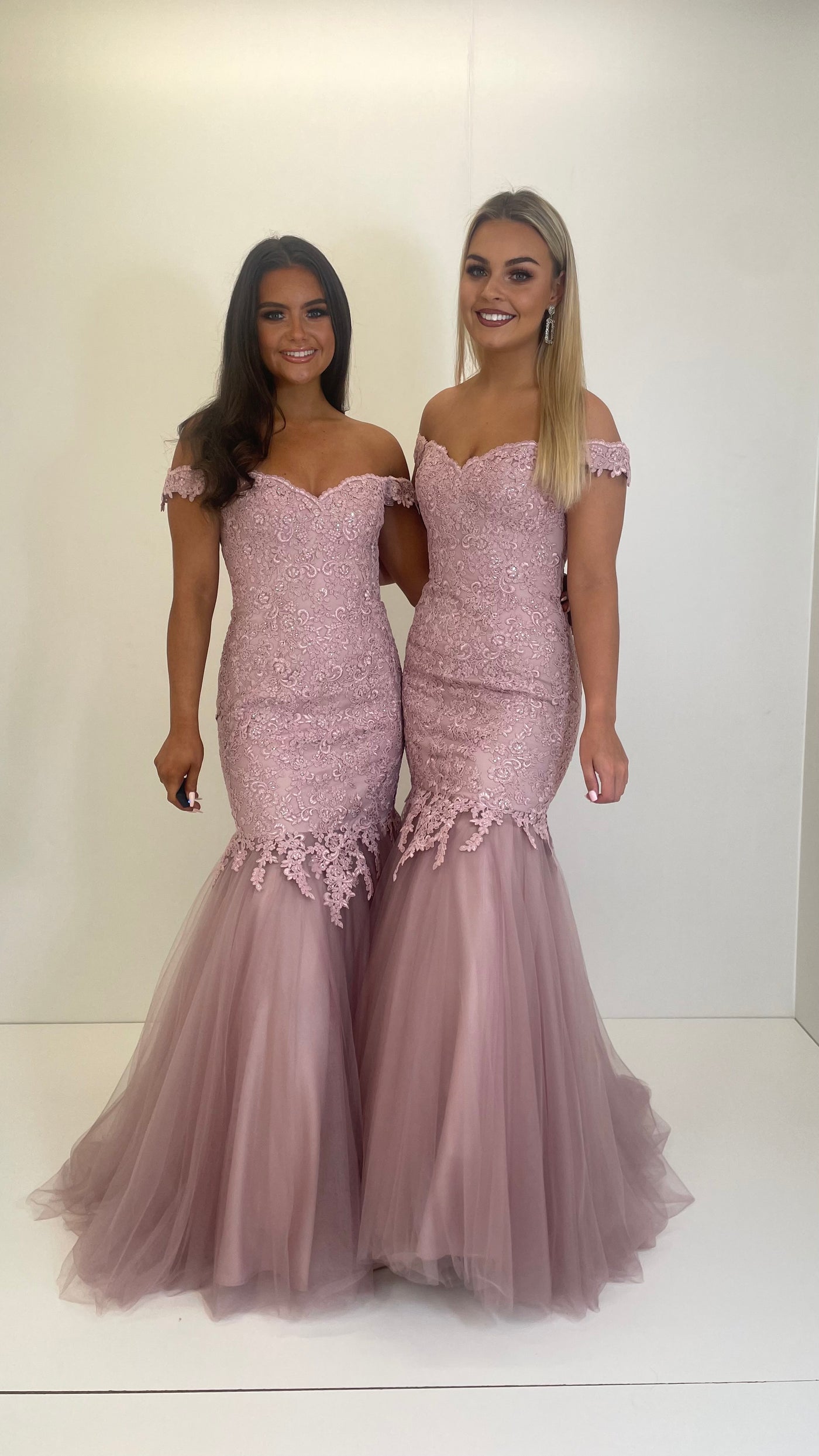 Blush Pink Bardot Lace Fishtail Prom Dress