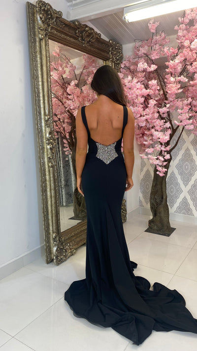 Black High Neck Backless Silver Jewels Full Length Gown