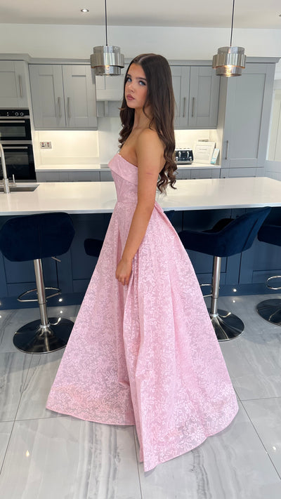 Baby Pink Lace Strapless Ball Gown