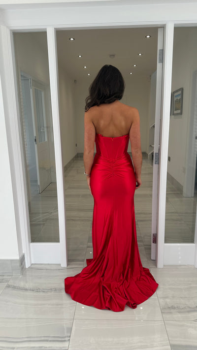 Cherry Red Satin Bow Front Gown