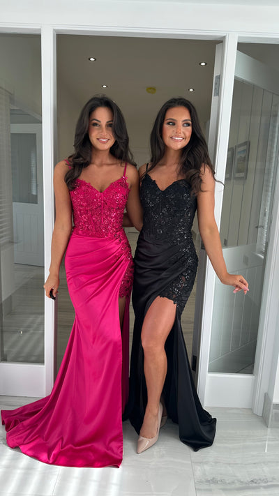 Raspberry Pink Sequin Top & Split Satin Full Length Gown