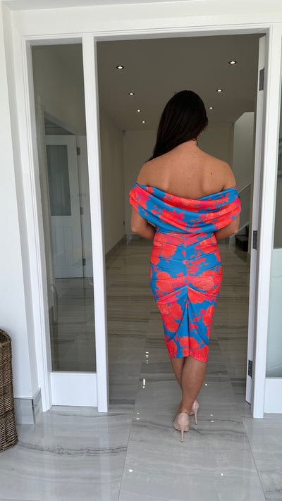 Teal and Coral Floral Print Drape Shoulder Midi Bodycon Dress