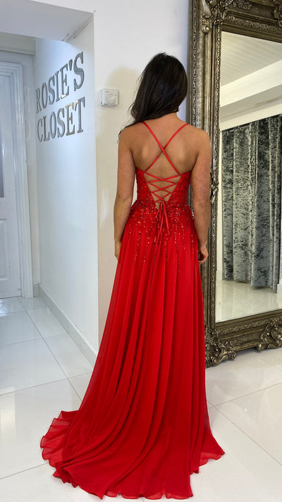 Red Floaty A-Line Skirt Corset Full Length Gown