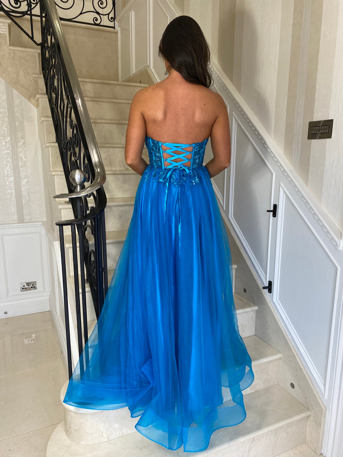 Aqua Mesh Corset Strapless Ball Gown – Rosies Closet
