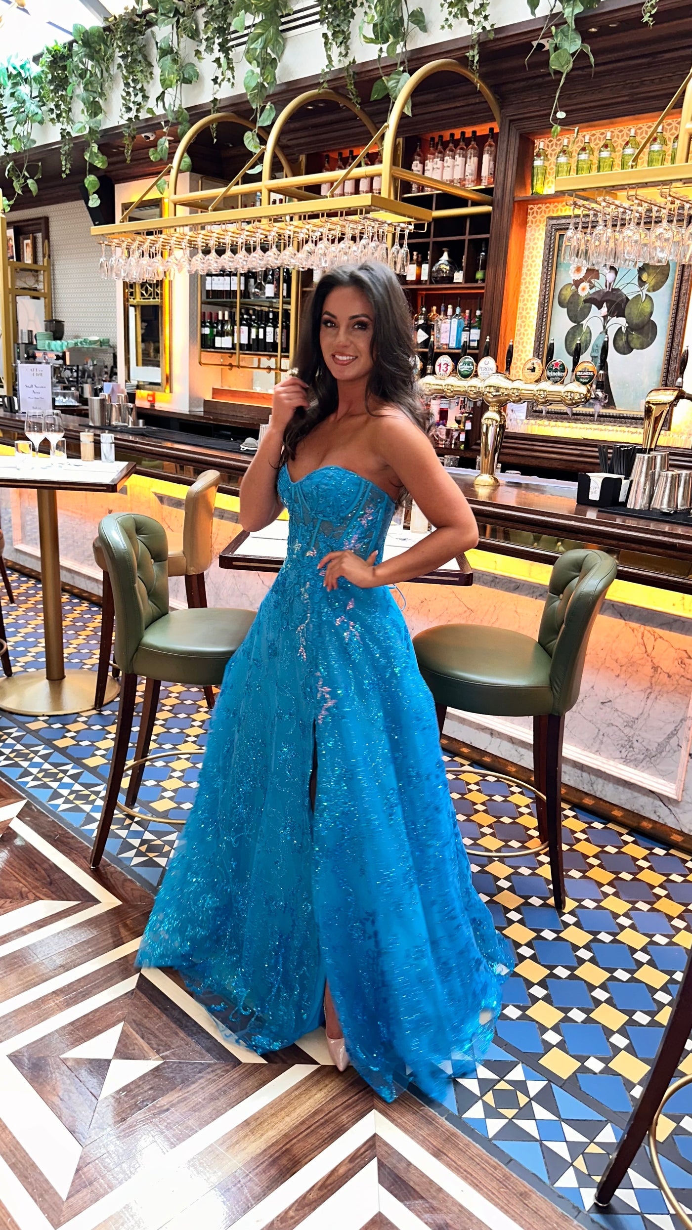 Turquoise Strapless Corset Ball Gown