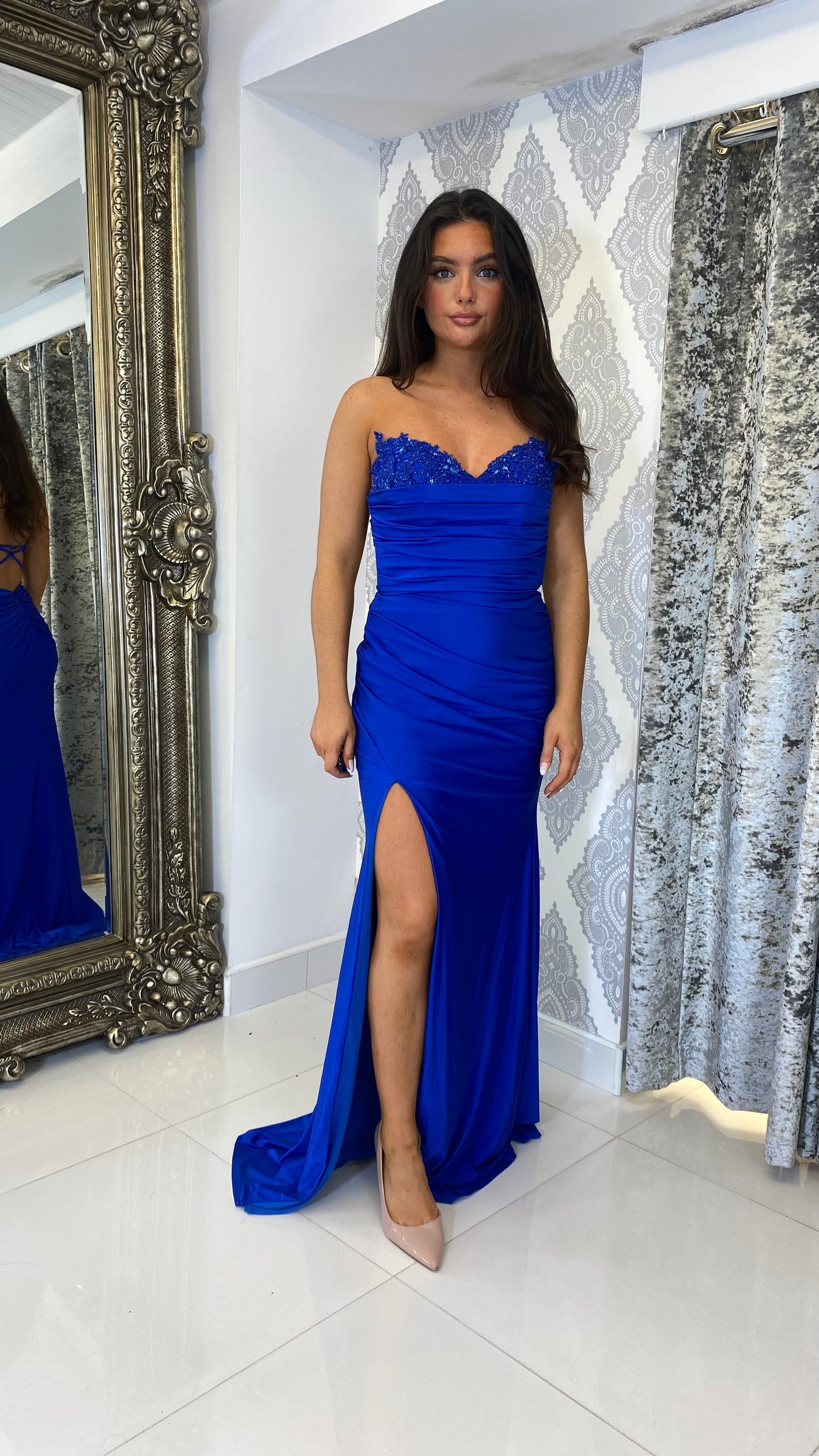 Cobalt Blue Strapless Detail Open Back Evening Gown Rosies Closet Cobalt Blue Strapless Detail Open Back Evening Gown Rosies Closet