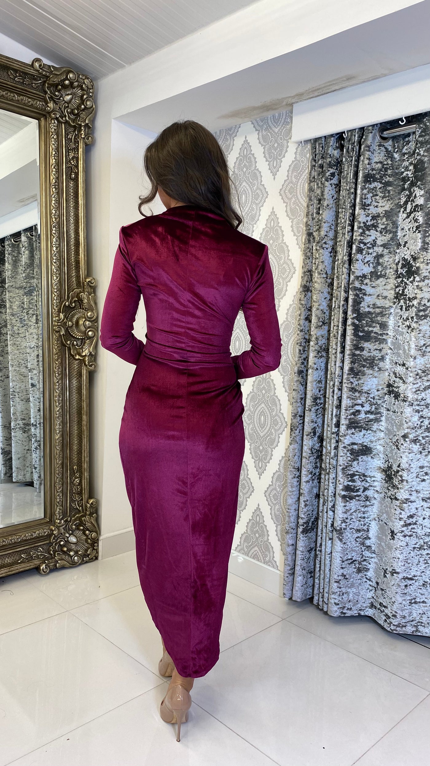 The Violet Midi Ruched Velvet Cocktail Dress