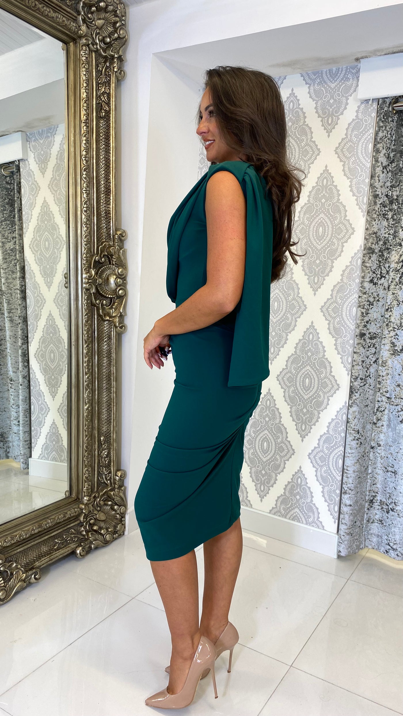 Drape One Shoulder Wedding Guest Dress In Green
