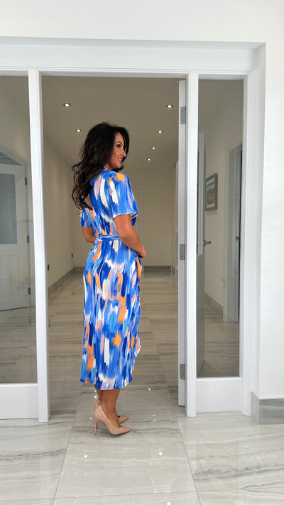 Blue/Orange Angel Sleeve Wrap Shirt Midi Dress