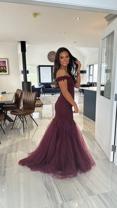 Dark Plum Bardot Lace Fishtail Prom Dress