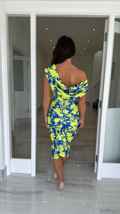 Cobalt and Lime Floral Print Drape Shoulder Midi Bodycon Dress